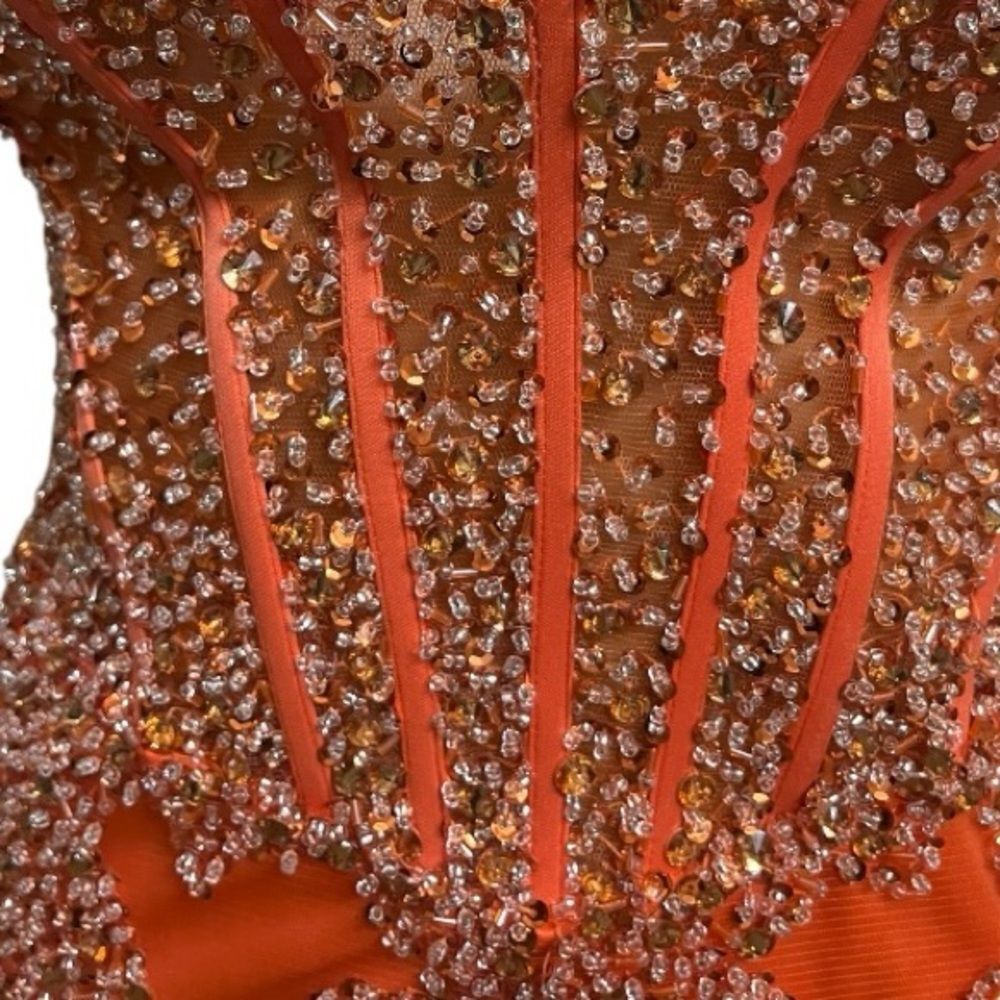 Jovani Vibrant Orange Feather-Trim Beaded Mermaid Gown - Picture 8 of 16